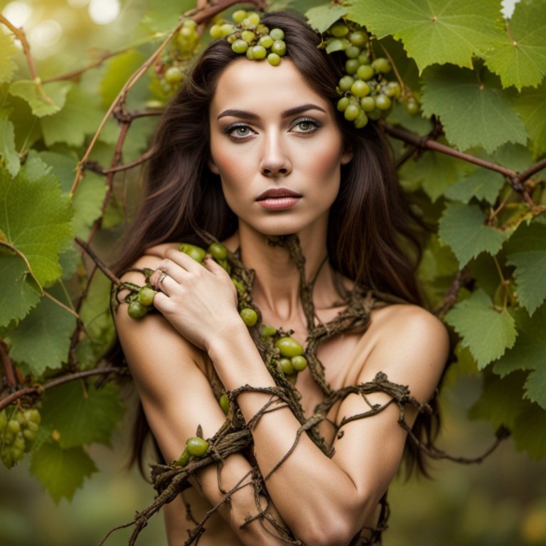 Example result. Prompt: beautiful woman restrained by grape vines, tied with vines around her body, arms and hands, with leaves and green grapes, photograph…