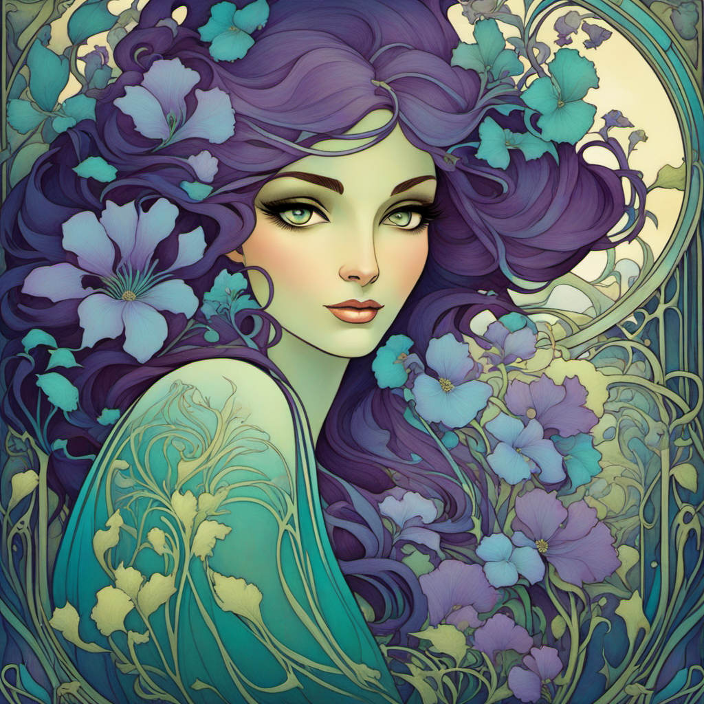 Example result. Prompt: Beautiful woman surrounded by spring flowers, purple, aqua, blue, (Art Nouveau style:1.2) . elegant, decorative, curvilinear forms,…