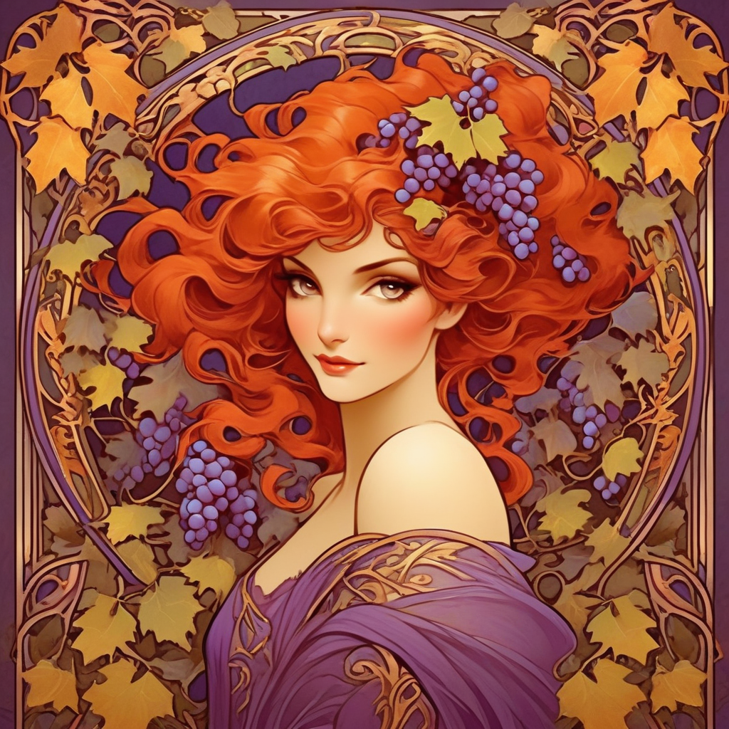 Example result. Prompt: Beautiful redhead surrounded by purple grapes, gold grape leaves, (Art Nouveau style:1.2) . elegant, decorative, curvilinear forms,…