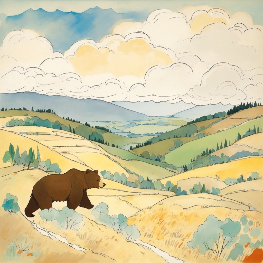 Example result. Prompt: beautiful brown bear walking up an open hillside, big fluffy clouds and wiry trees on the horizon, open skyline, Ludwig Bemelmans…
