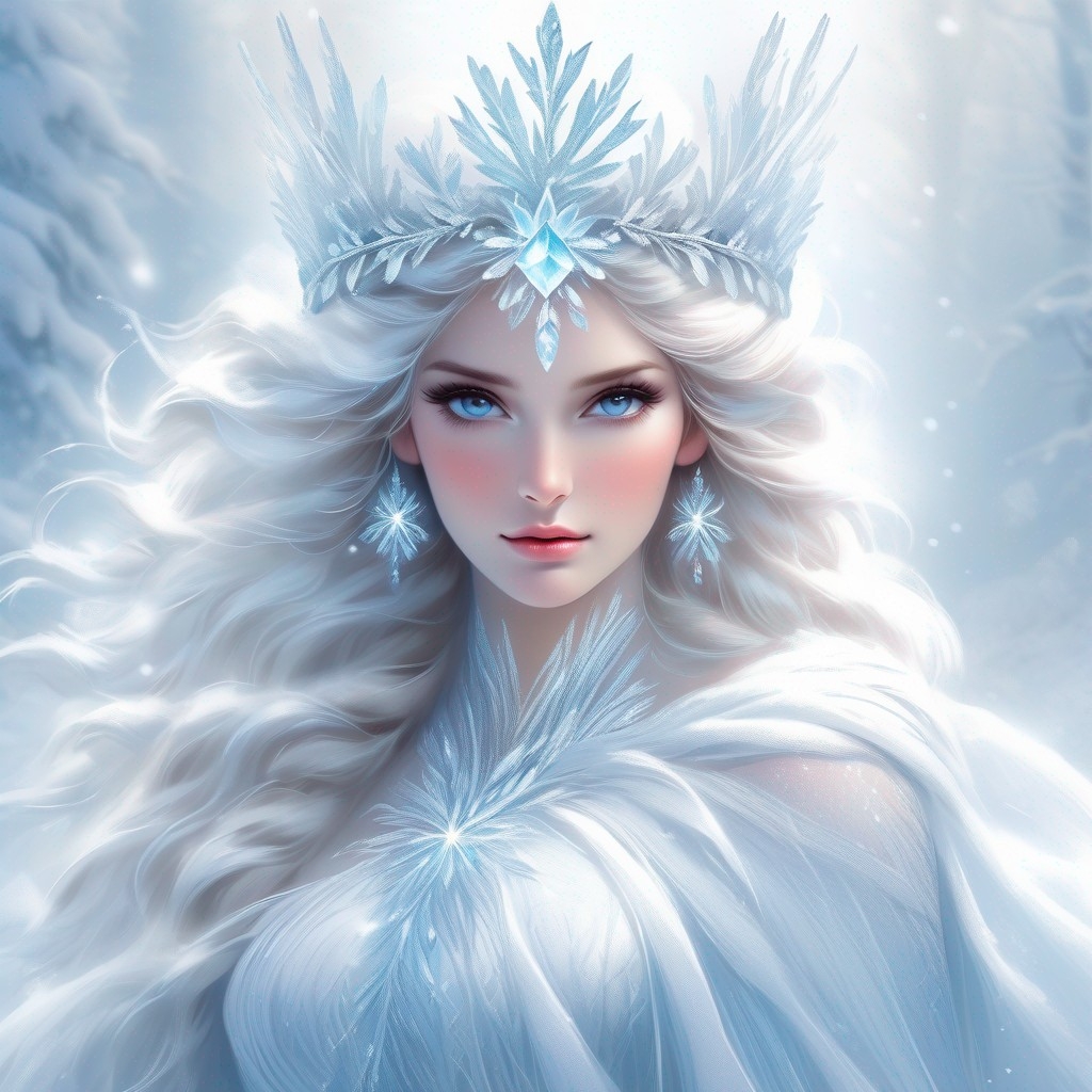 Example result. Prompt: beautiful goddess of winter, wearing a crown of frost crystals, a gown of frost, (ethereal fantasy concept art) . painterly, epic,…