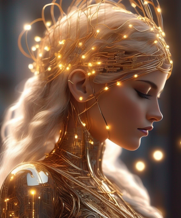 Example result. Prompt: biopunk woman with metallic gold circuits and wires, (side view:1.2) wearing a beautiful crown made of intricate gold wire, lights,…