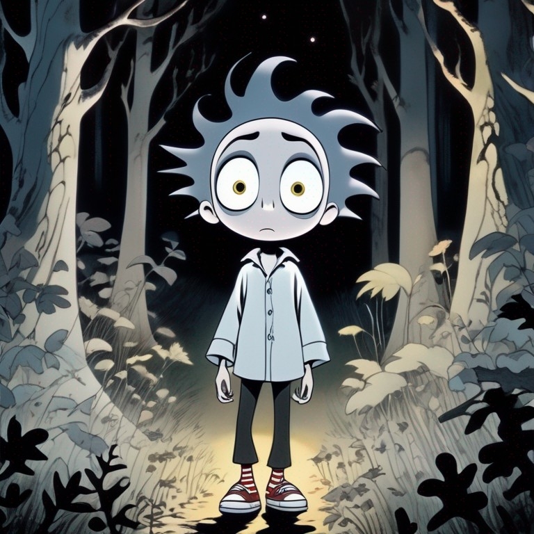 Example result. Prompt: cute young boy walking in the woods, at night, dark+, (surrounded by scary eyes:0.8), (breathtaking) . award-winning, highly detailed,…