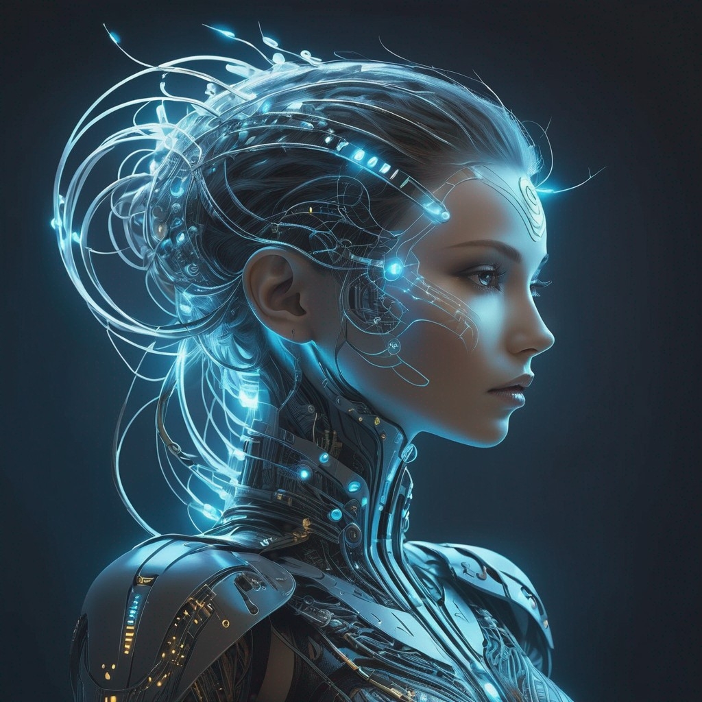 Example result. Prompt: beautiful biopunk woman, minimal circuits and lights creatively woven into her hair and face, high tech suit, (ethereal fantasy…