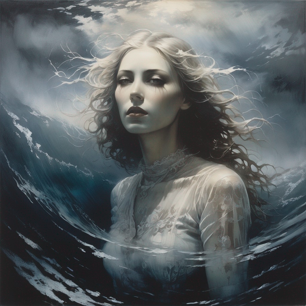 Example result. Prompt: beautiful ghostly woman, (close up:1.4), sinking in the ocean waves, (haunting, moody, barren, bleak), (Hannah Höch), (Mikalojus…