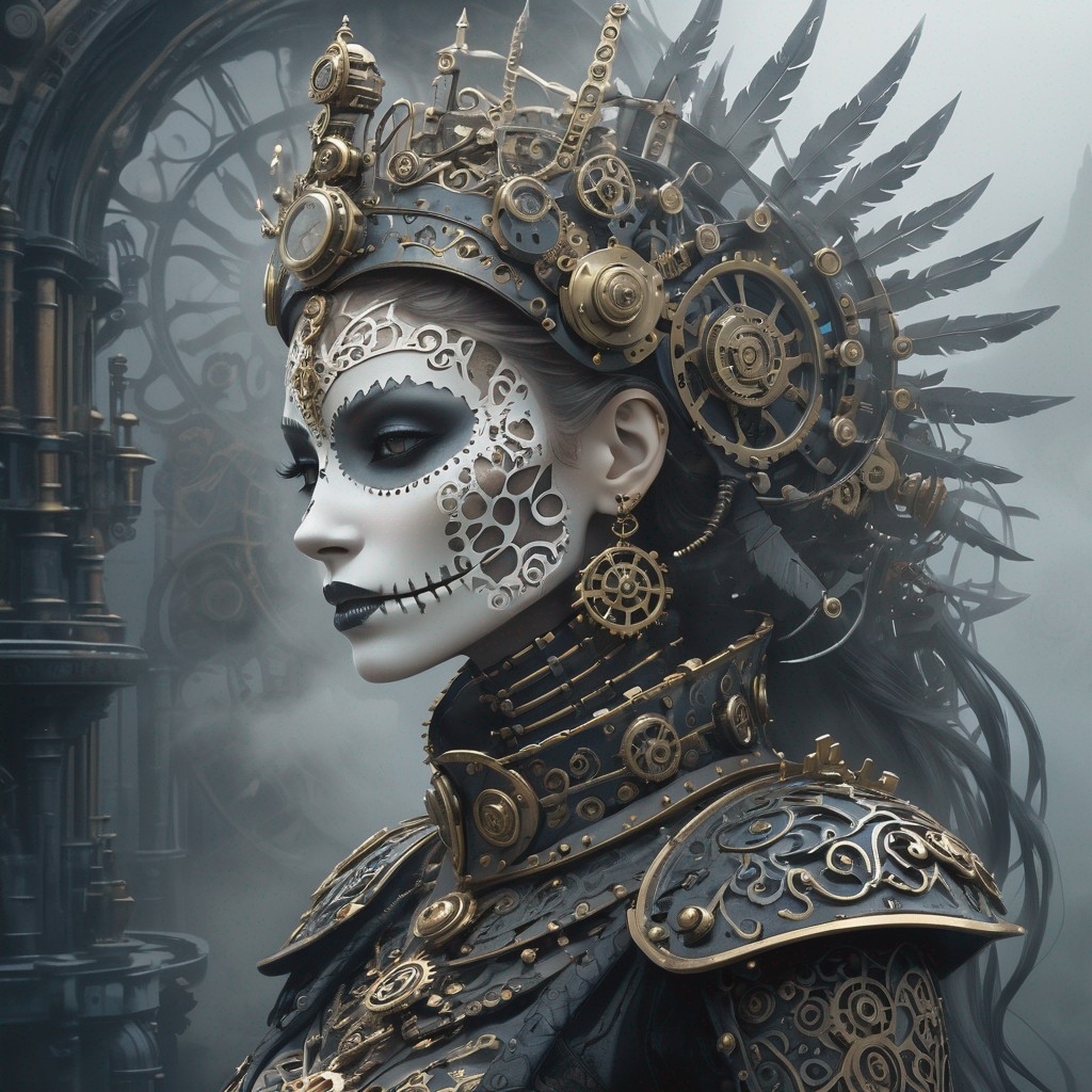 Example result. Prompt: steampunk-inspired baroque rendition of a skeleton queen, (close up face profile), surrounded by fog, expressive, ornate, dramatic,…