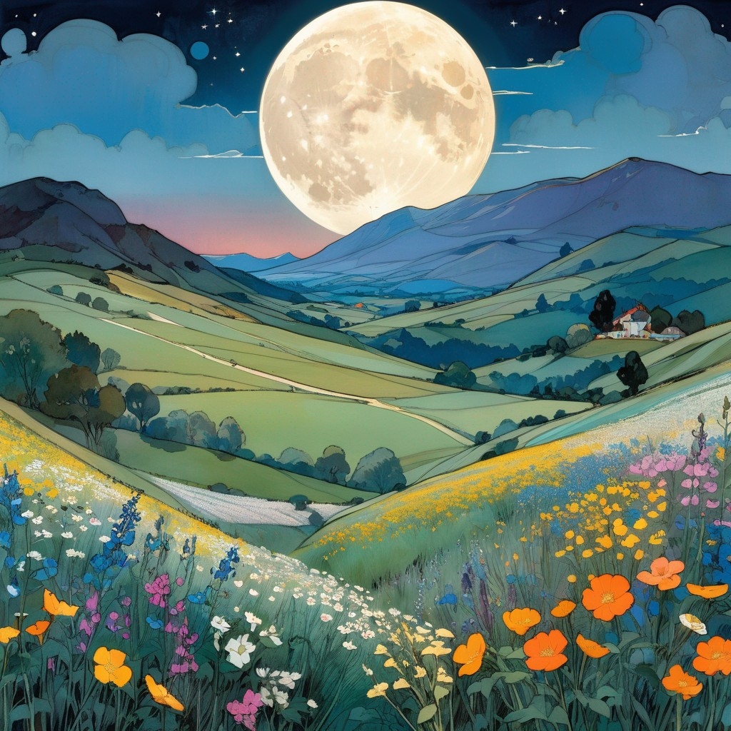 Example result. Prompt: beautiful big full moon rising over a field of wildflowers, rolling hills in the background, concept art illustration . beautiful,…