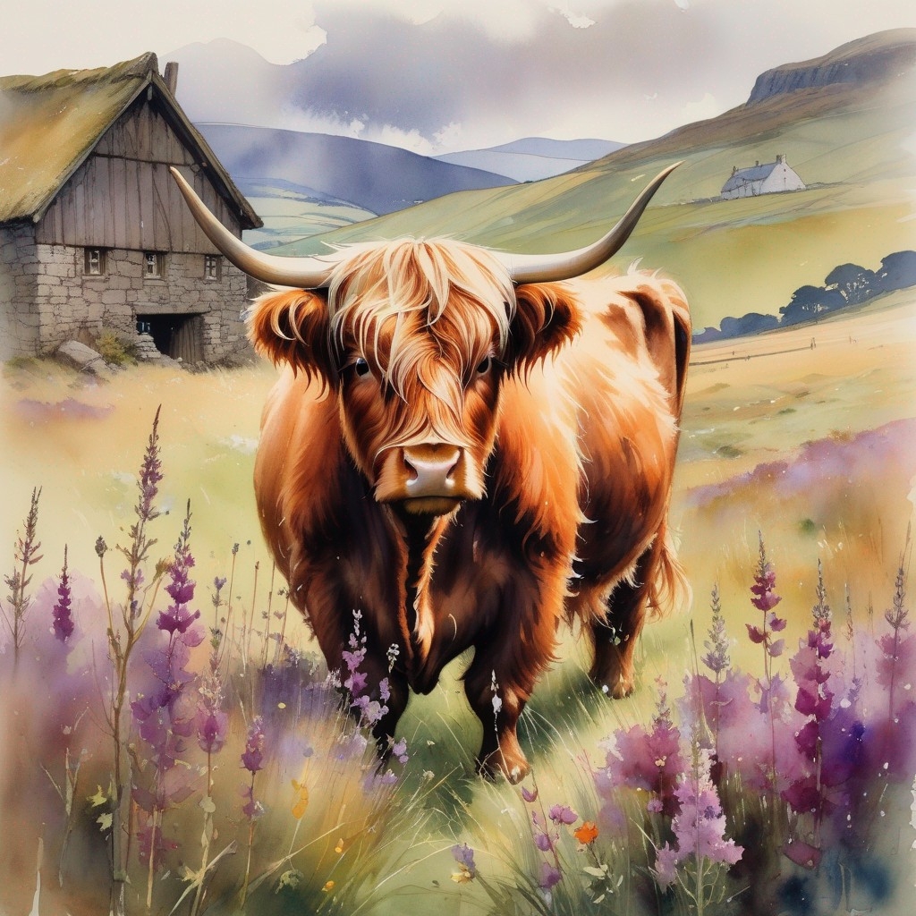 Example result. Prompt: beautiful highland cow, up close, in a pasture filled with heather and wildflowers, rustic old barn in the background, rolling…