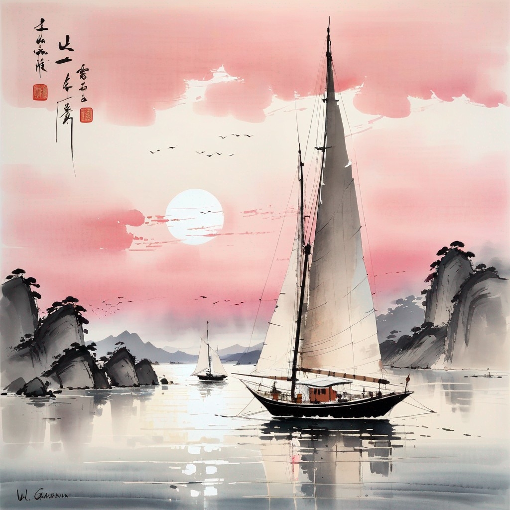 Example result. Prompt: beautiful sailboat on the ocean at dawn, (cream and pink), (Chinese brush painting) . (Wu Guanzhong:1.3) Negative Prompt: (deformed,…