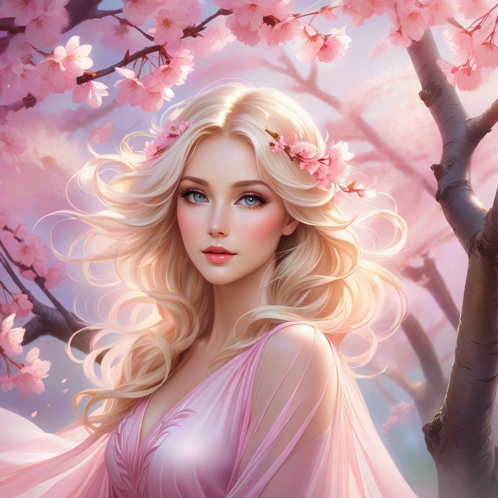 Example result. Prompt: beautiful woman with blonde hair, close up, under a cherry tree, wearing pink chiffon, (ethereal fantasy concept art) . painterly,…