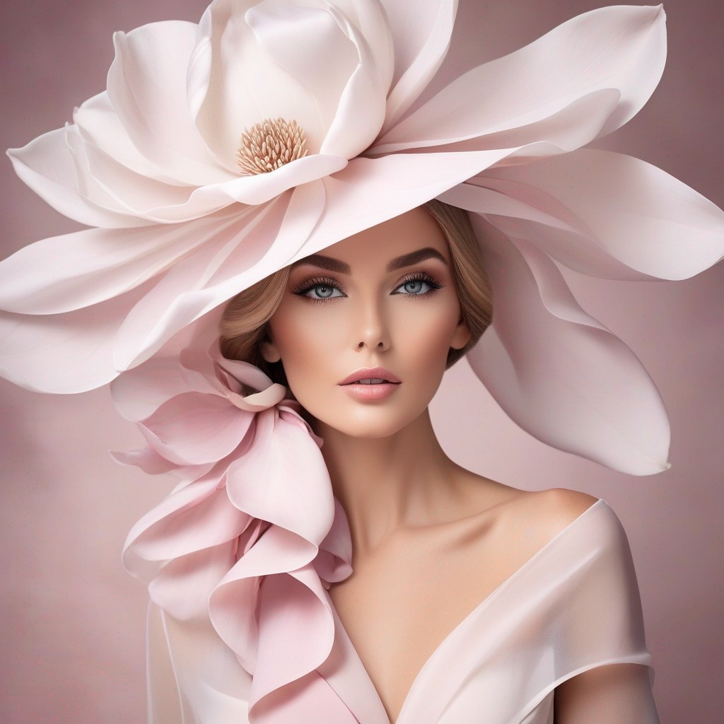 Example result. Prompt: beautiful woman wearing a chiffon hat in the style of a giant magnolia flower, magnolia petals, close up, silky chiffon wrap, plain…