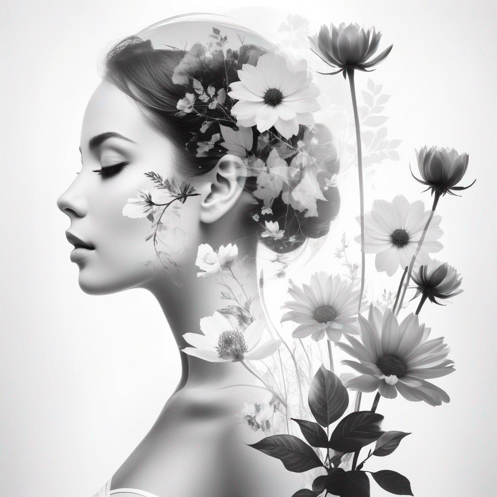 Example result. Prompt: Create a surreal abstract black and white (double exposure) photo of a woman and a flowers. The background should be minimalistic and…