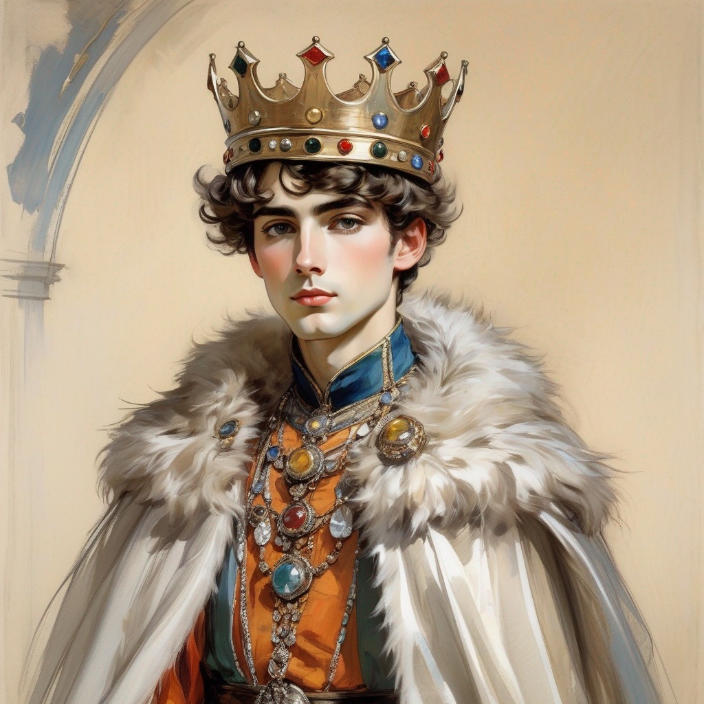 Example result. Prompt: young King Arthur wearing a Medieval crown, Medieval royal robes with fur, portrait+, highly detailed, (minimal:0.8), loose brushwork,…
