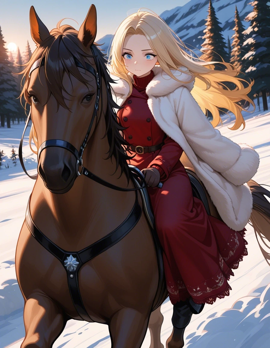 Example result. Prompt: 1girl, blonde hair, red dress, fur coat, riding a horse, in a winter woodland, masterpiece, best quality, amazing quality, very…