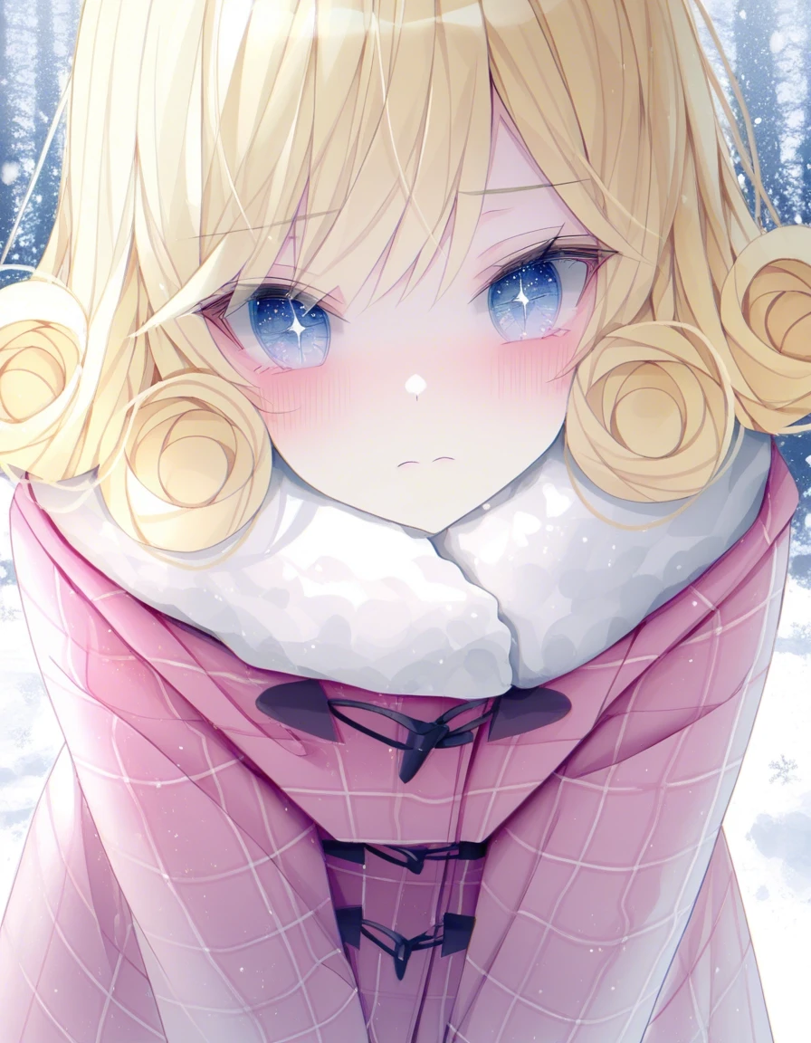 Example result. Prompt: 1girl, close up, bending forward, blush, pink plaid wool coat, blonde curly hair, violet sparkly eyes, snowfall, winter forest…