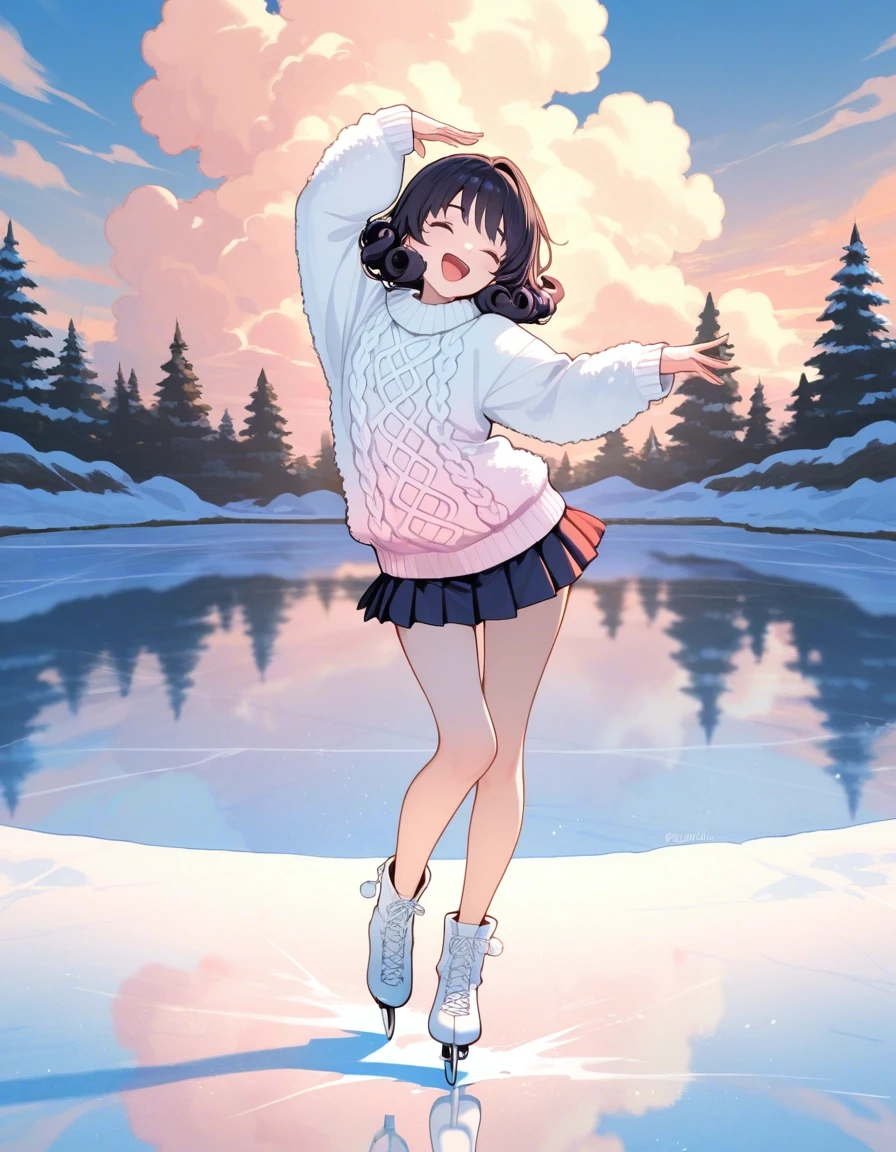 Example result. Prompt: 1girl, laughing, cute sweater, fuzzy sweater, pleated skirt, flared skirt, dark hair, curly hair, ice skating, cute pose, one one…