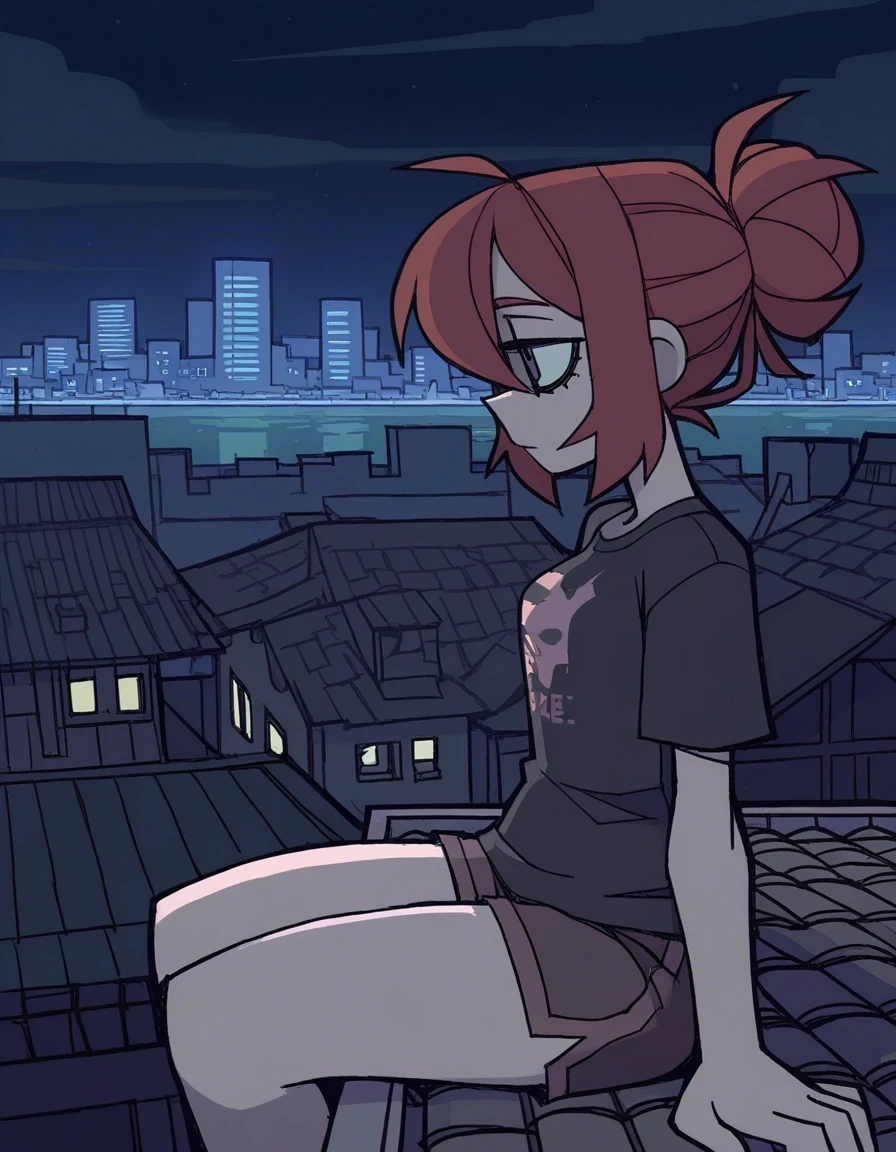 Example result. Prompt: 1girl, messy bun, t-shirt, shorts, sitting on roof, side view, city, scenic, night, masterpiece, best quality, amazing quality, very…