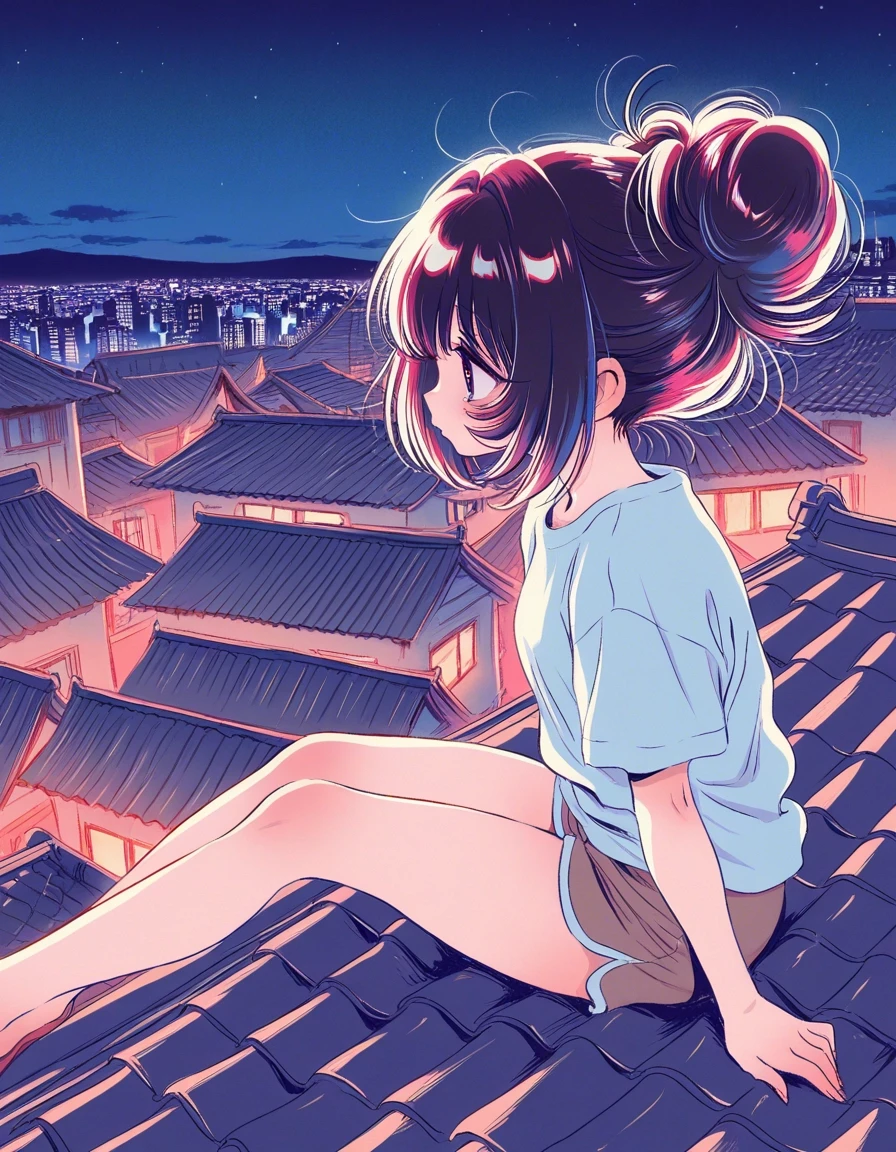 Example result. Prompt: 1girl, messy bun, t-shirt, shorts, sitting_on_roof, tile roof, side view, city, scenic, night, masterpiece, best quality, amazing…