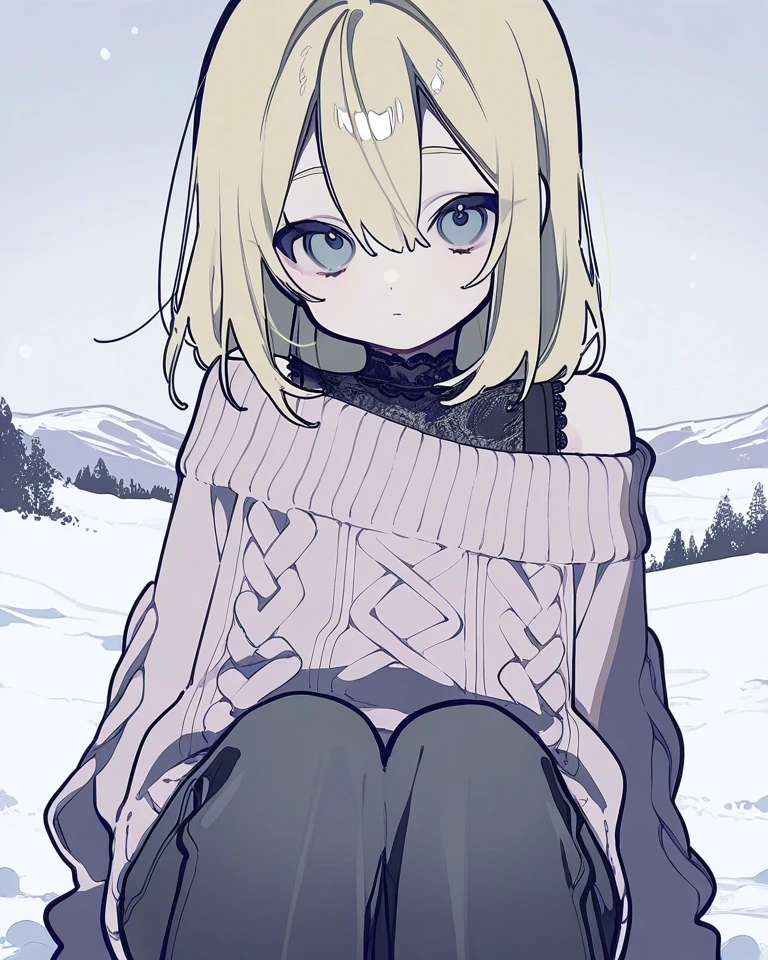Example result. Prompt: 1girl, off-shoulder sweater, long pants, pale gray-pink sweater, black lace undershirt, black lace choker, blonde hair, medium hair,…