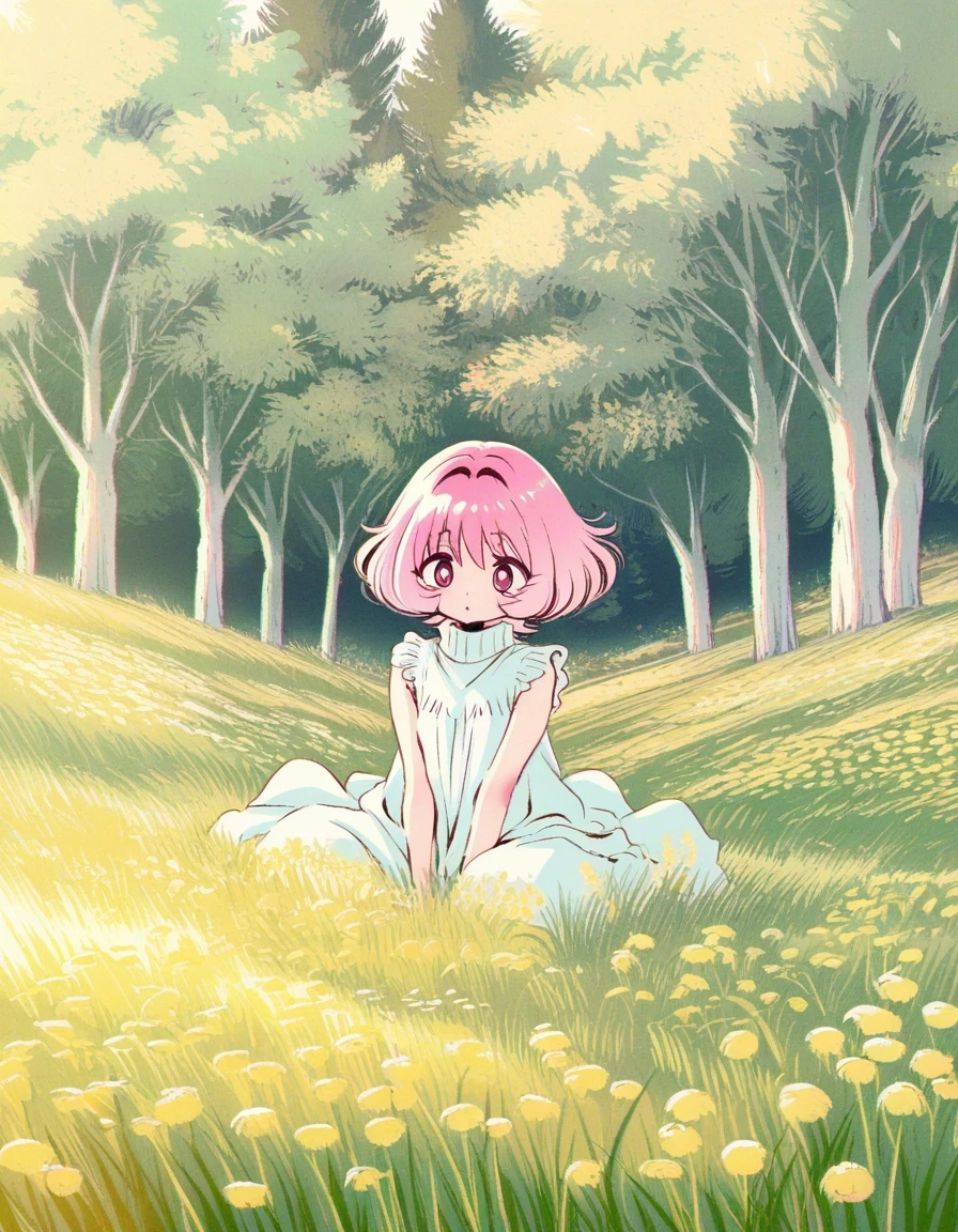 Example result. Prompt: 1girl, pale pink hair, short hair, wavy hair, sleeveless blouse, mock turtleneck blouse, sitting on a grassy hill, surrounded by tall…