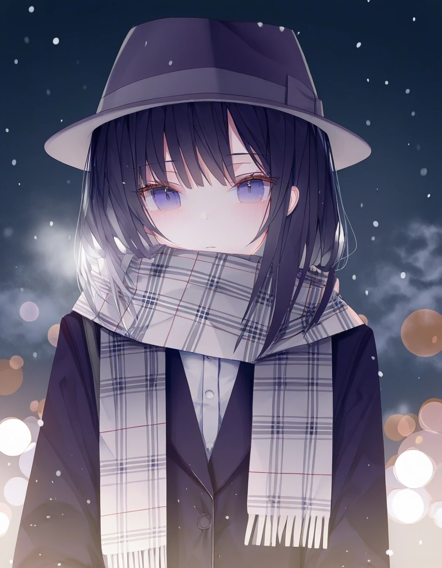 Example result. Prompt: 1girl, solo, (extreme close up), fedora, navy purple fedora, wool fedora, dress shirt, blazer, plaid scarf, cloudy, glancing to left…