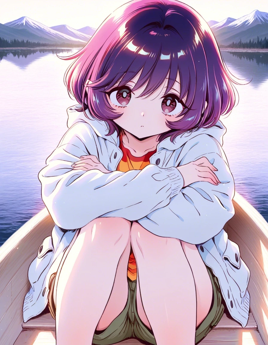 Example result. Prompt: 1girl, solo, canvas jacket, cargo shorts, violet hair, short hair, sitting in a small boat, facing viewer, looking at viewer, hugging…