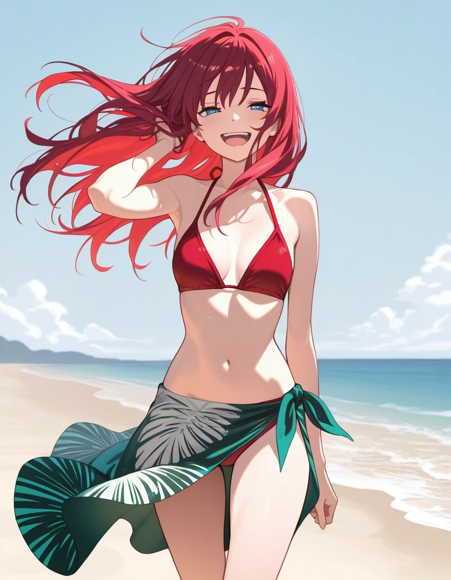 Example result. Prompt: 1girl, solo, pink-red hair, long hair, hand in hair, wind, hair in face, laughing, blue eyes red bikini, sarong skirt, green-blue palm…
