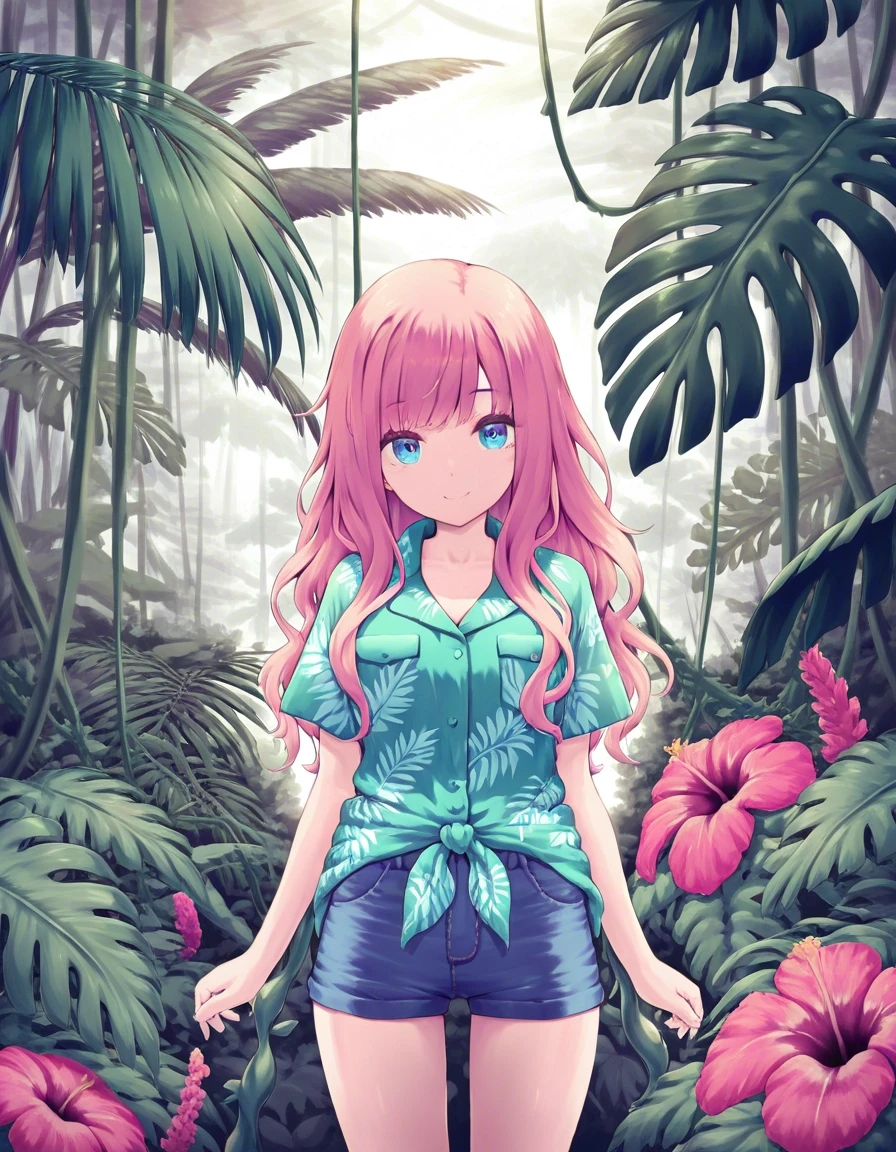 Example result. Prompt: 1girl, solo, pink hair, wavy hair, smile, blue eyes, green-blue Hawaiian print camp shirt tied at waist, denim shorts, straight on,…