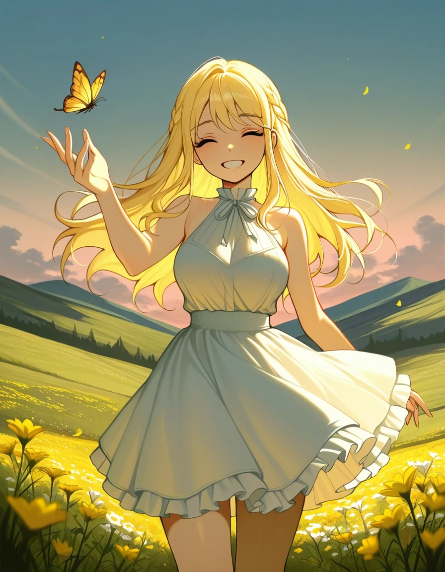 Example result. Prompt: 1girl, solo, smiling, halter blouse, ruffled skirt, braided hair, reaching for a butterfly, on a hill, wildflowers, scenic, at dawn,…