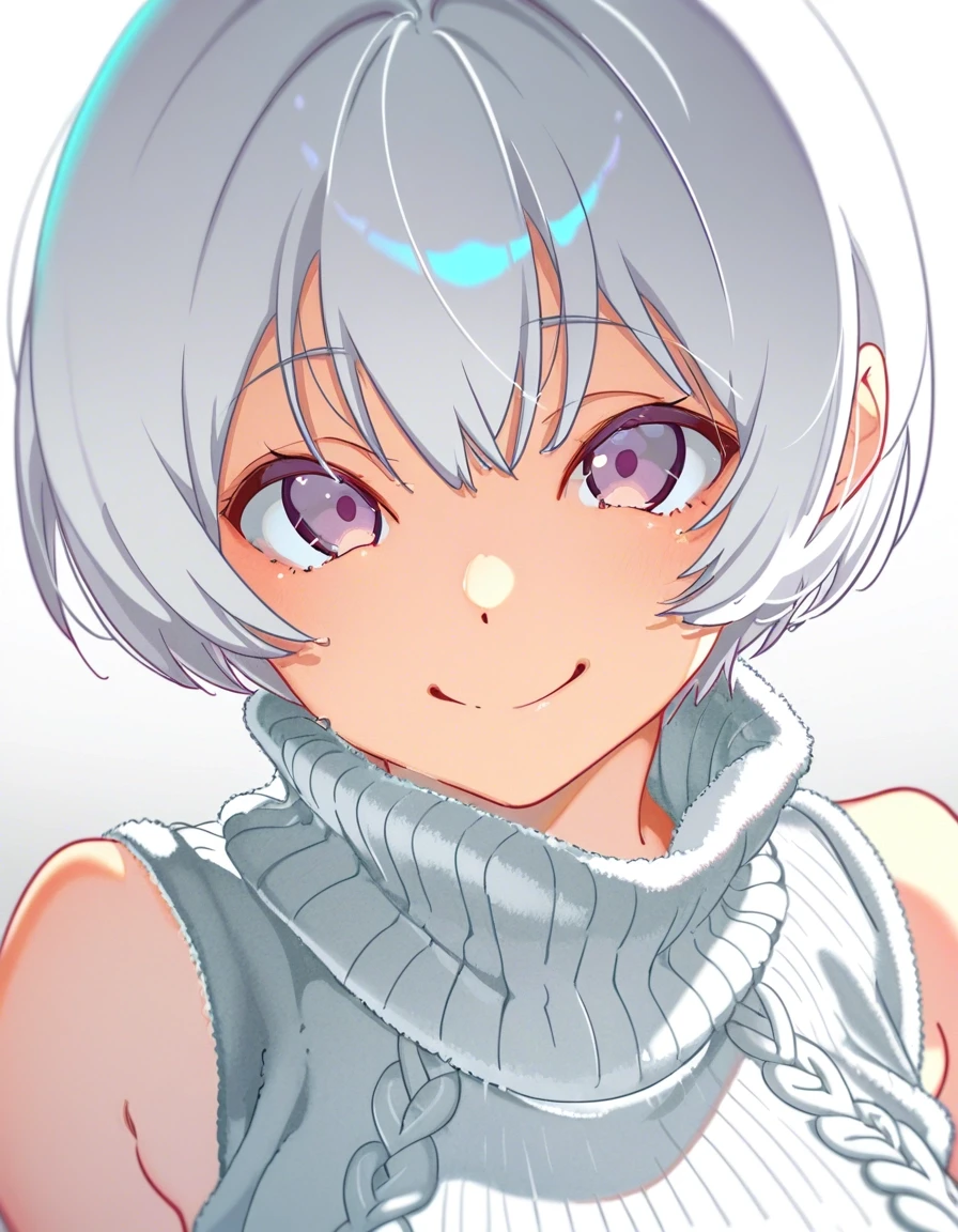 Example result. Prompt: 1girl, solo, white hair, short hair, sleeveless turtleneck sweater, fuzzy sweater, smiling, white sweater, pale gradient background,…