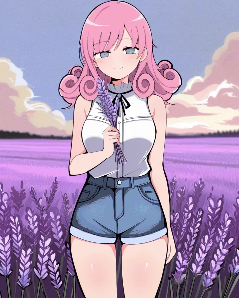 Example result. Prompt: 1girl, subtle smile, pink hair, curly hair, sleeveless blouse, denim shorts, holding a lavender flower, in a Tuscan lavender field,…