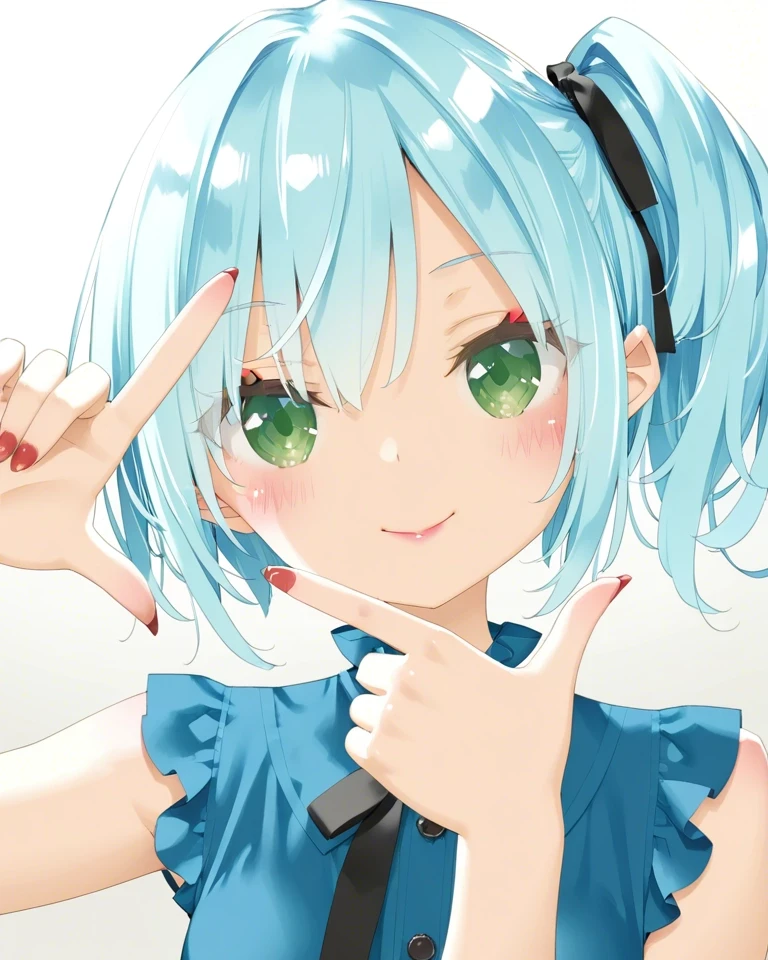 Example result. Prompt: 1girl, light blue hair, short side ponytail, sleeveless blouse, blue-violet blouse, green eyes, subtle smile, finger frame, red…