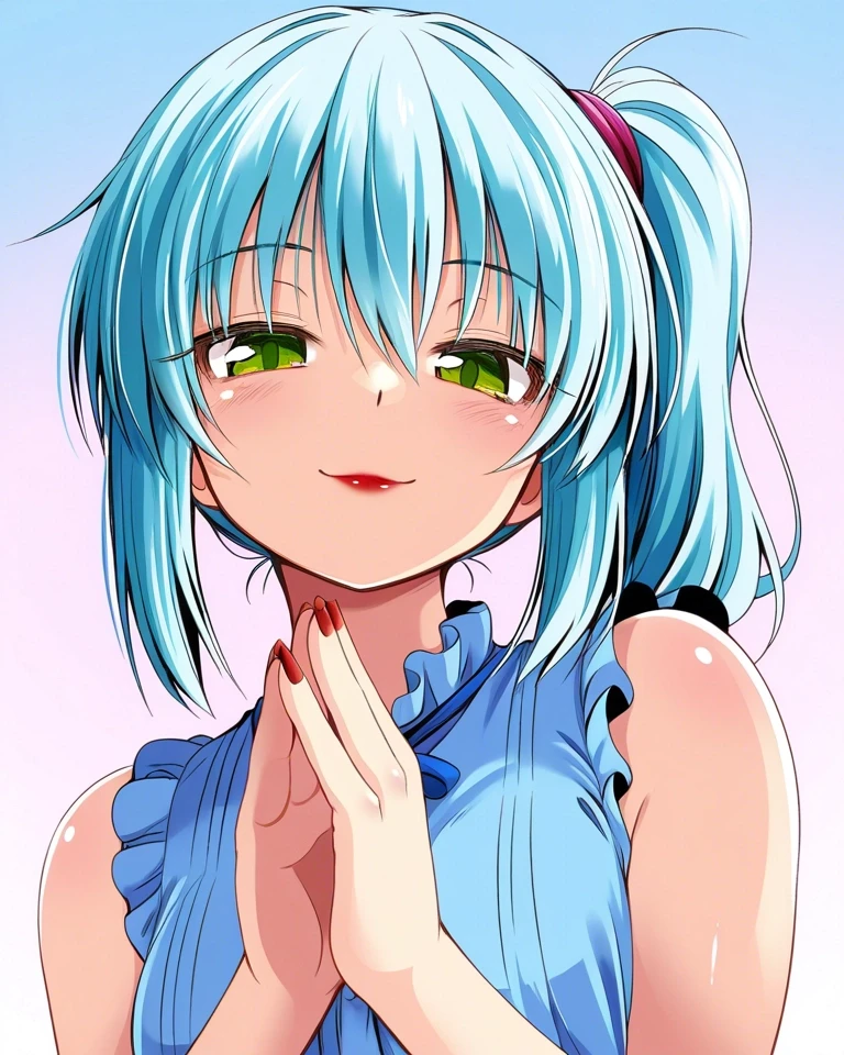 Example result. Prompt: 1girl, light blue hair, short side ponytail, sleeveless blouse, blue-violet blouse, green eyes, subtle smile, steepled fingers, red…