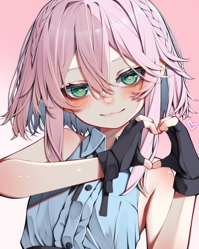 Example result. Prompt: 1girl, light pink hair, braid, sleeveless shirt, blue violet shirt, green eyes, heart hands, fingerless gloves, pink-cream gradient…