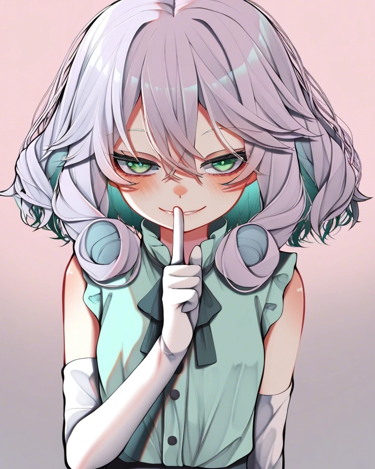 Example result. Prompt: 1girl, light violet hair, curly hair, sleeveless blouse, blue green blouse, green eyes, subtle smile, shushing, elbow length gloves,…