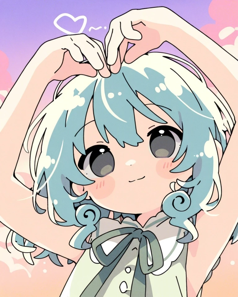 Example result. Prompt: 1girl, light violet-blue hair, curly hair, sleeveless blouse, sage green blouse, hazel eyes, heart arms, close portrait, subtle smile,…