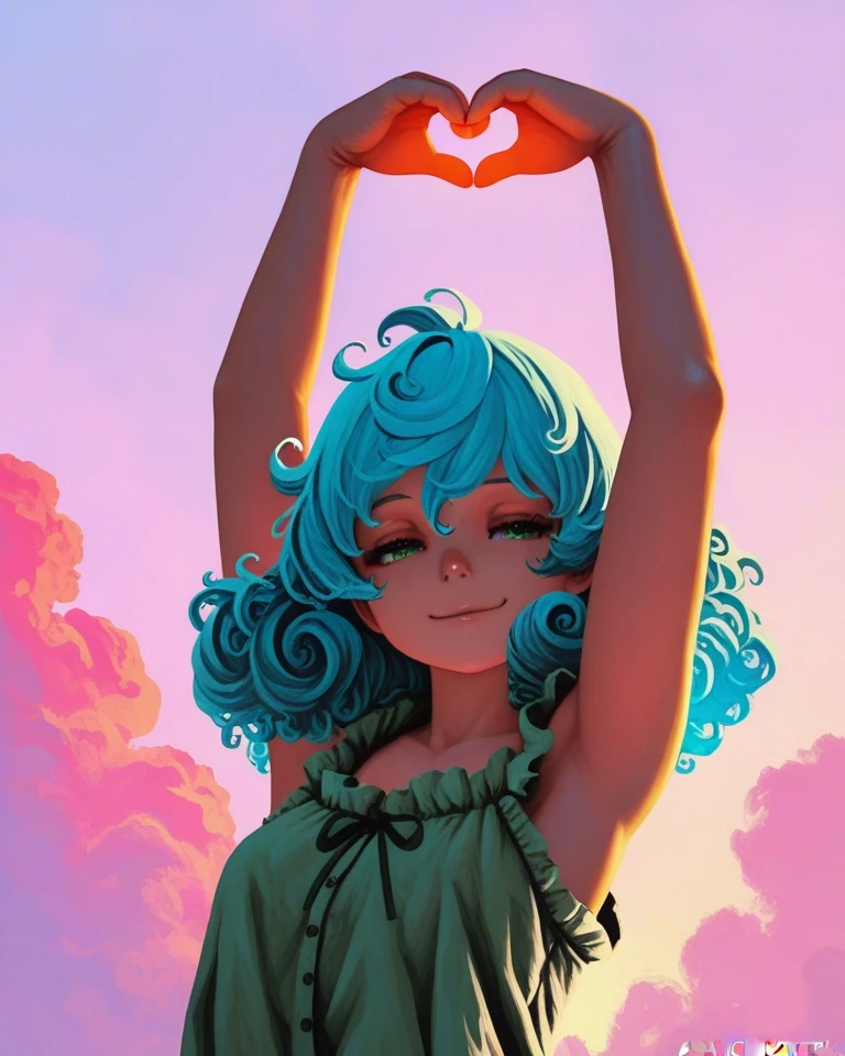 Example result. Prompt: 1girl, light violet-blue hair, curly hair, sleeveless blouse, sage green blouse, hazel eyes, heart arms, close portrait, subtle smile,…