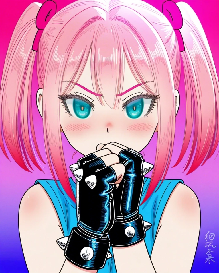Example result. Prompt: 1girl, pink hair, sleeveless shirt, blue-violet shirt, aqua eyes, fist in hand, spiked gloves, fingerless gloves, pink-cream gradient…