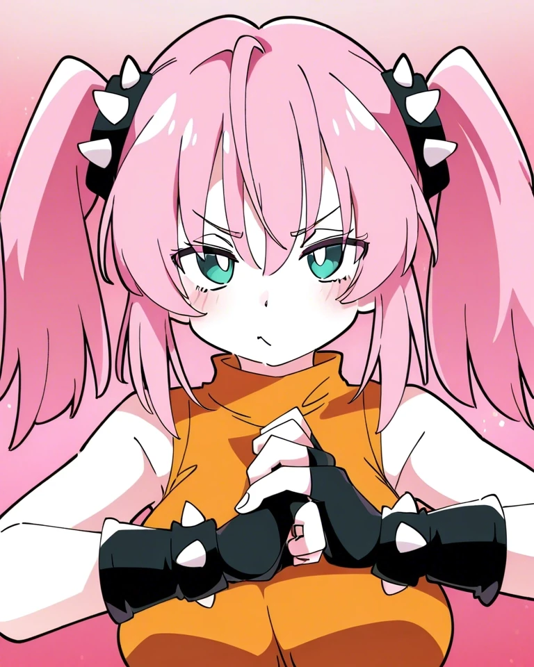Example result. Prompt: 1girl, pink hair, sleeveless shirt, orange shirt, aqua eyes, fist in hand, spiked gloves, fingerless gloves, pink-cream gradient…
