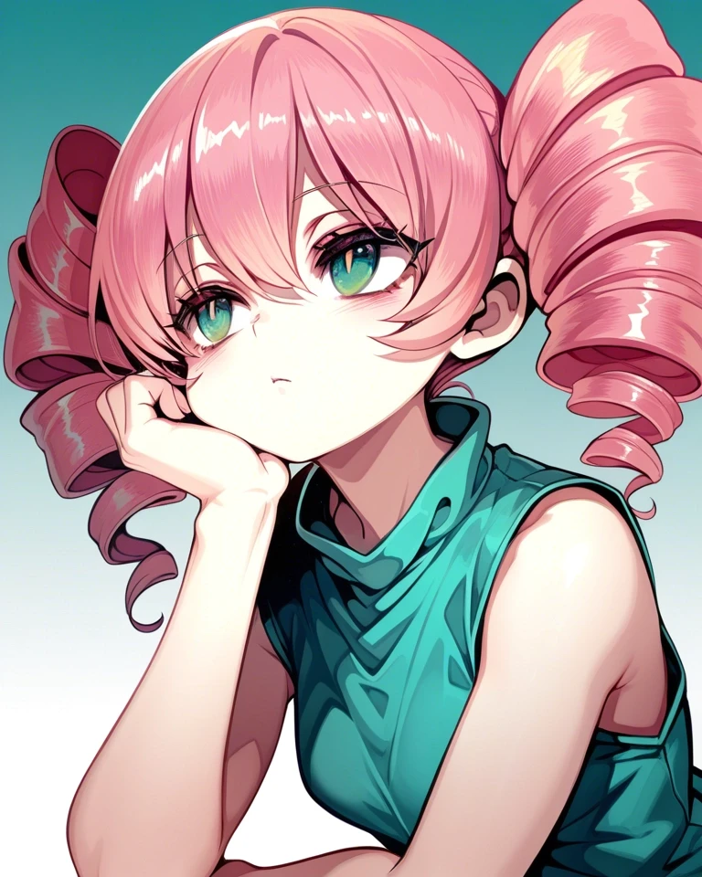 Example result. Prompt: 1girl, pink hair, twin drills, sleeveless shirt, teal shirt, green eyes, resting chin on hand, gradient background, masterpiece, best…