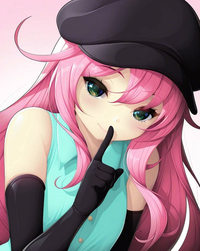 Example result. Prompt: 1girl, pink hair, black flat cap, sleeveless blouse, blue green blouse, green eyes, subtle smile, shushing, black elbow length gloves,…
