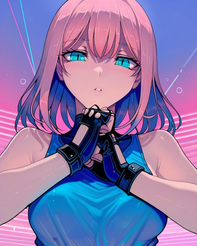 Example result. Prompt: 1girl, pink hair, sleeveless shirt, blue-violet shirt, aqua eyes, fist in hand, fingerless gloves, pink-cream gradient background,…