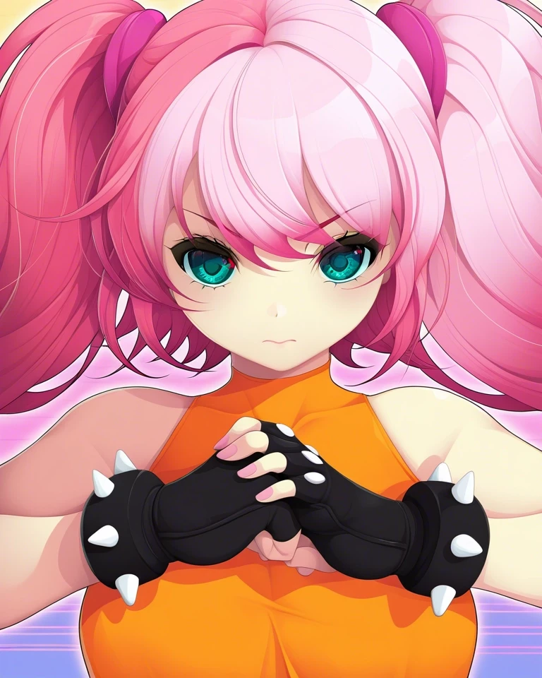 Example result. Prompt: 1girl, pink hair, sleeveless shirt, orange shirt, aqua eyes, fist in hand, spiked gloves, fingerless gloves, pink-cream gradient…