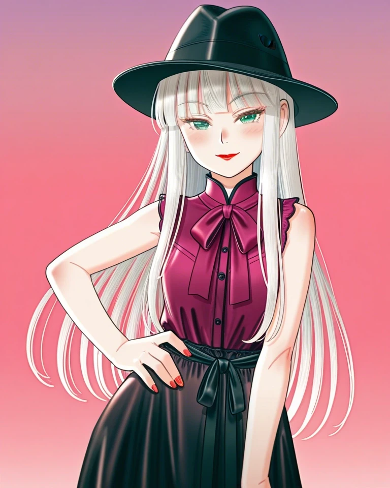 Example result. Prompt: 1girl, platinum hair, long hair, black fedora, sleeveless blouse, plum blouse, green eyes, subtle smile, one hand on hip, red…