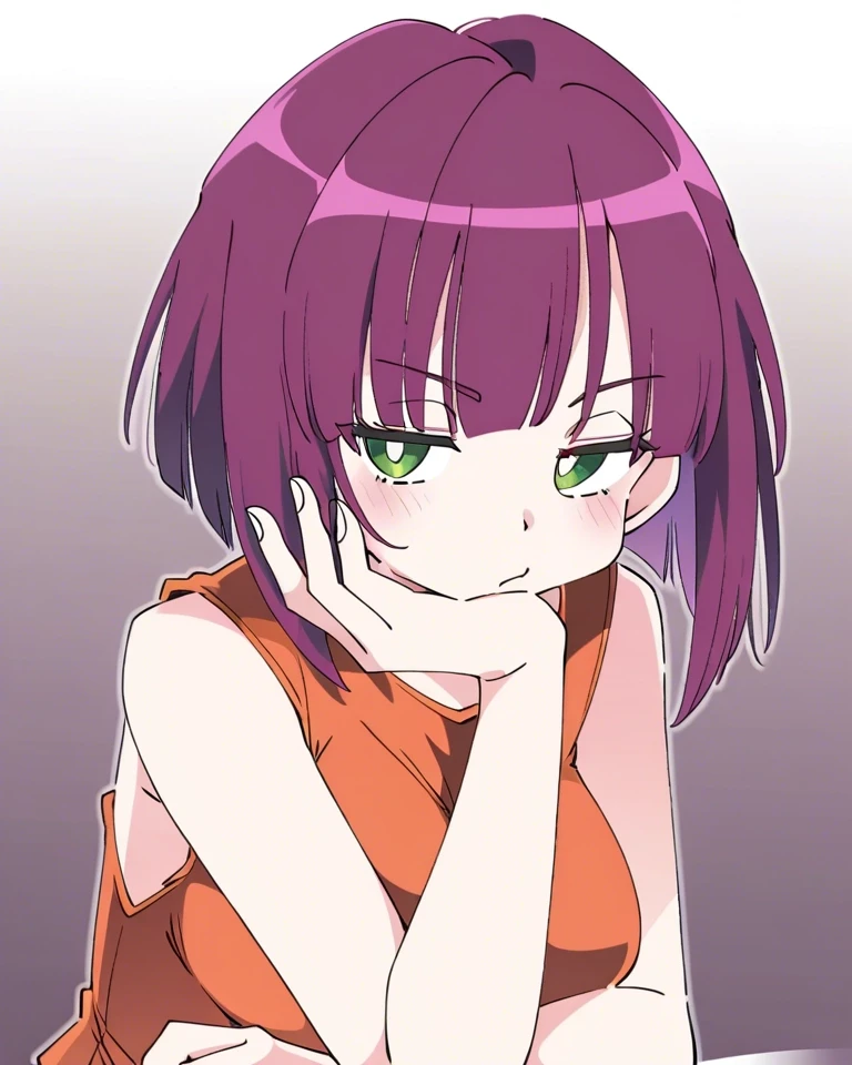 Example result. Prompt: 1girl, purple hair, inverted bob, sleeveless shirt, orange-red shirt, green eyes, resting chin on hand, gradient background,…
