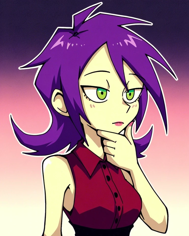 Example result. Prompt: 1girl, purple hair, flipped hair, sleeveless blouse, dark red blouse, green eyes, stroking own chin, pink lipstick, gradient…