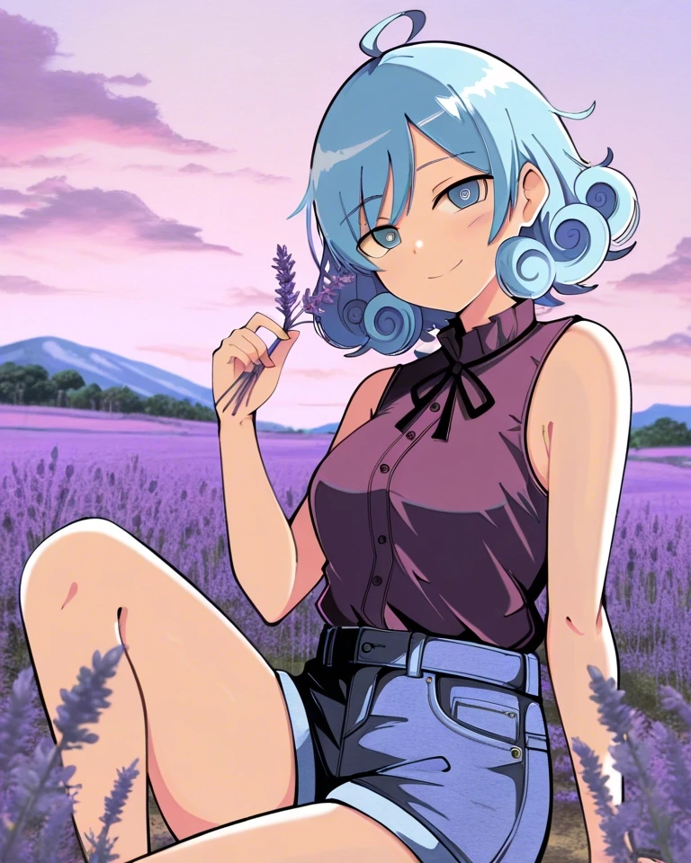 Example result. Prompt: 1girl, subtle smile, light violet-blue hair, curly hair, sleeveless blouse, deep blue eyes, dark purple blouse, denim shorts, holding…