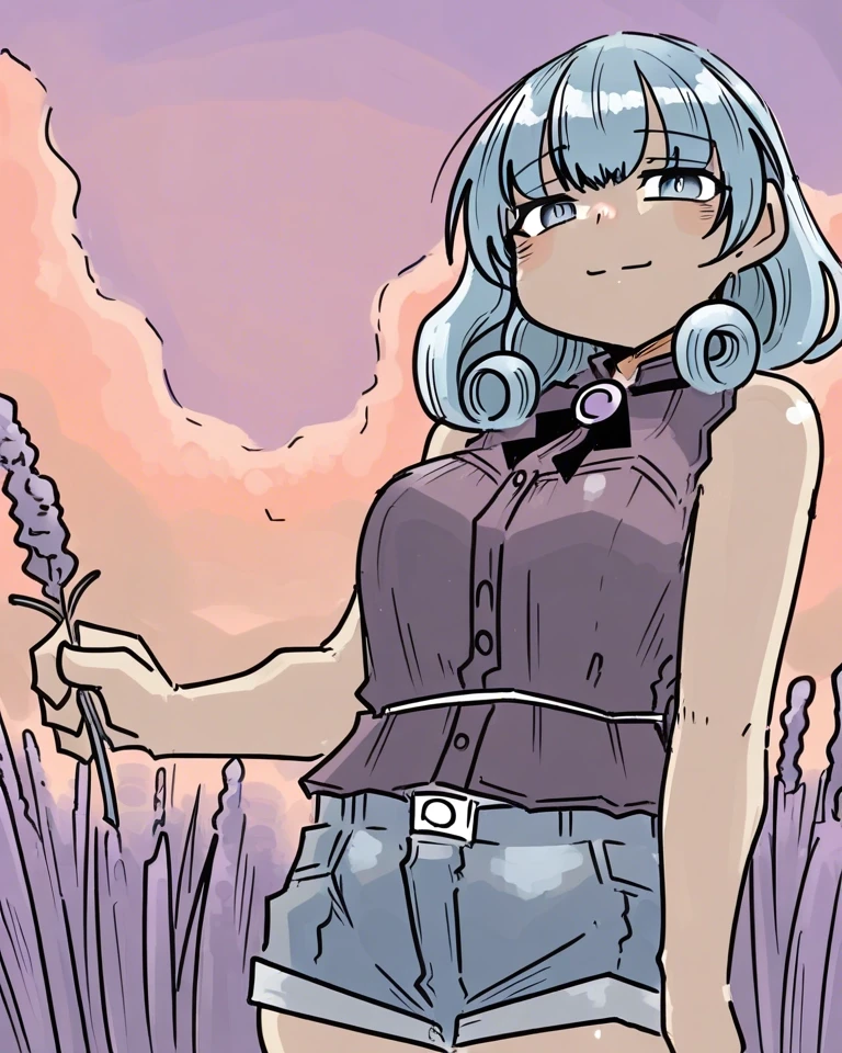 Example result. Prompt: 1girl, subtle smile, light blue-violet hair, curly hair, sleeveless blouse, deep blue eyes, dark purple blouse, denim shorts, holding…