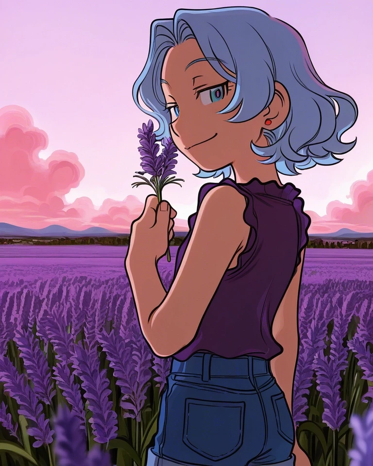 Example result. Prompt: 1girl, subtle smile, light blue-violet hair, curly hair, sleeveless blouse, deep blue eyes, dark purple blouse, denim shorts, holding…