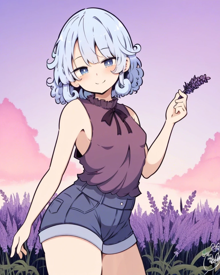 Example result. Prompt: 1girl, subtle smile, light blue-violet hair, curly hair, sleeveless blouse, deep blue eyes, dark purple blouse, denim shorts, holding…